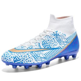 New Breathable Sports High-top Firm Ground Soccer Shoes (Option: Long Nail White And Blue-34)