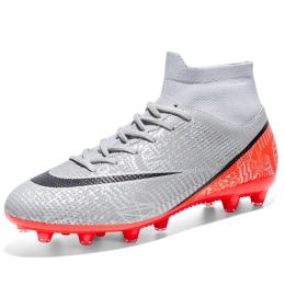 New Breathable Sports High-top Firm Ground Soccer Shoes (Option: Spike Gray Orange-34)