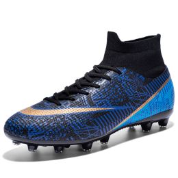 New Breathable Sports High-top Firm Ground Soccer Shoes (Option: Spike Black And Blue-34)