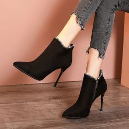 Martin Boots Women's Thin Boots Pointed High-heeled Short Boots Stiletto High-heeled All-match Winter (Option: Black-38)