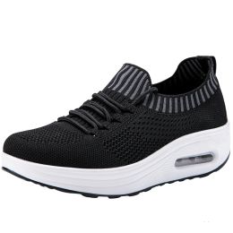 A Drop-shipping Miyaka Air Cushion Thick-soled Rocking Shoes Women's Mesh Sports Flying Woven Travel Shoes 1983 (Option: Black-37)